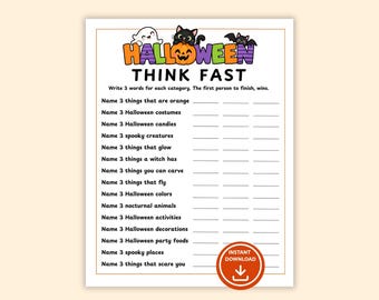 Halloween Think Fast Game Printable, Halloween Activity for Kids, Teens, Adults, Trivia