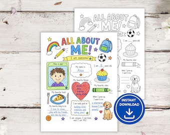 All About Me Printable Worksheet | Kids Back to School Activity | First Day of School Keepsake | Classroom Icebreaker