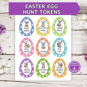 Fichas para la búsqueda de huevos de Pascua, cupones de recompensa imprimibles para niños, artículos de relleno que no son dulces, ideales para rellenar cestas de Pascua.