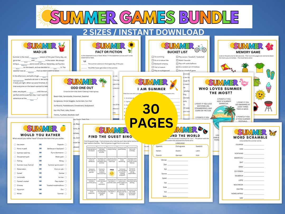Summer Games Bundle, Printable Summer Games, Summer Activities, Summer ...