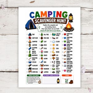 May include: A camping scavenger hunt checklist with colourful text and illustrations. The list includes items like a tent, campfire, and water bottle. The text reads "Camping Scavenger Hunt" with a lantern and campfire graphic.