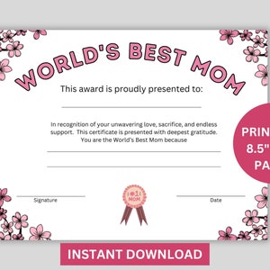 Mother's Day Certificate, Printable World's Best Mom Certificate ...