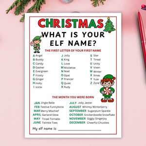 May include: A Christmas-themed printable game sheet titled "What is Your Elf Name?" with a red and green color scheme. The sheet includes lists for first names and birth months to determine an elf name. A red pen rests on the pink surface.