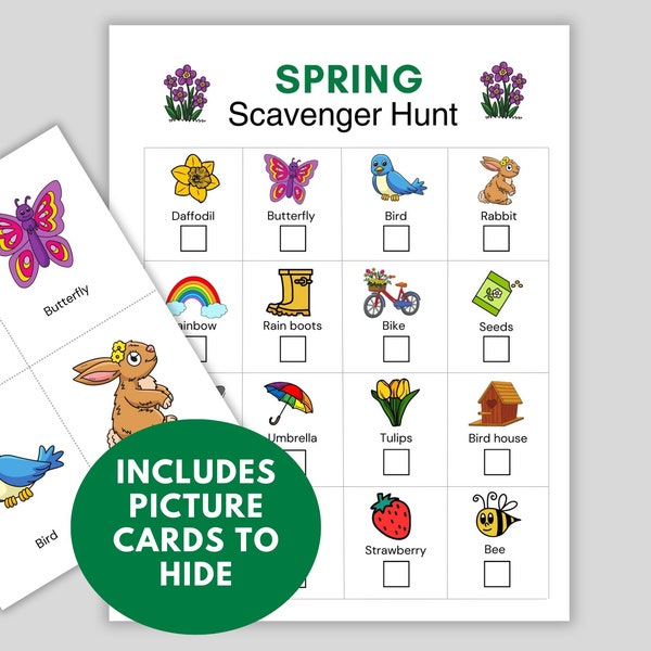 Spring Scavenger Hunt, Printable Spring Nature Hunt for Kids, Spring Activity, Outdoor Activity, Hiding Picture Cards for Indoor Play