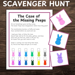 May include: A printable Easter scavenger hunt game with instructions and a checklist for finding missing Peeps. The game features a variety of colored Peeps, including pink, blue, yellow, green, purple, and red.