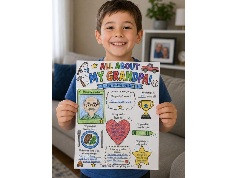 A boy holding all about my grandpa worksheet