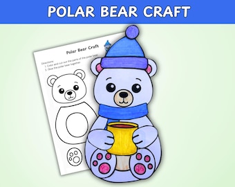 May include: A colorful polar bear craft illustration. The bear is light blue with a blue hat and scarf, holding a yellow mug. A printed sheet with instructions and a polar bear outline is next to the bear. The text "POLAR BEAR CRAFT" is at the top.