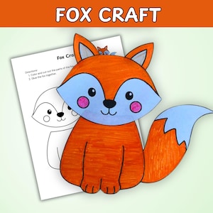 May include: A colorful fox craft made of paper, featuring orange, blue, and pink hues. The fox has a large head, a fluffy tail, and a friendly expression. The image includes a printed sheet with instructions and the text "FOX CRAFT".