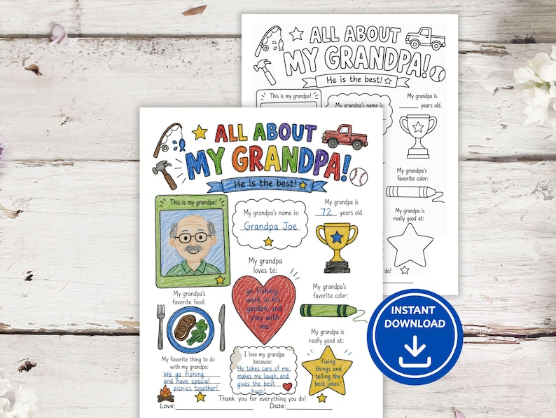 All about my grandpa printable coloring page.  Grandparent's Day activity. Father's Day activity.