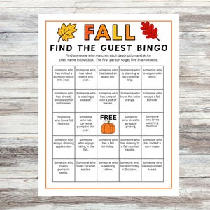 May include: A fall-themed bingo game titled "FALL FIND THE GUEST BINGO" with a pumpkin graphic. The game includes descriptions like "Someone who loves pumpkin spice" and "Someone who has visited a pumpkin patch."