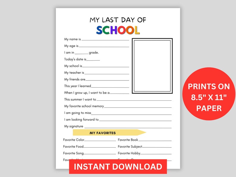 Last Day of School Printable, Last Day of School Questionnaire, School ...