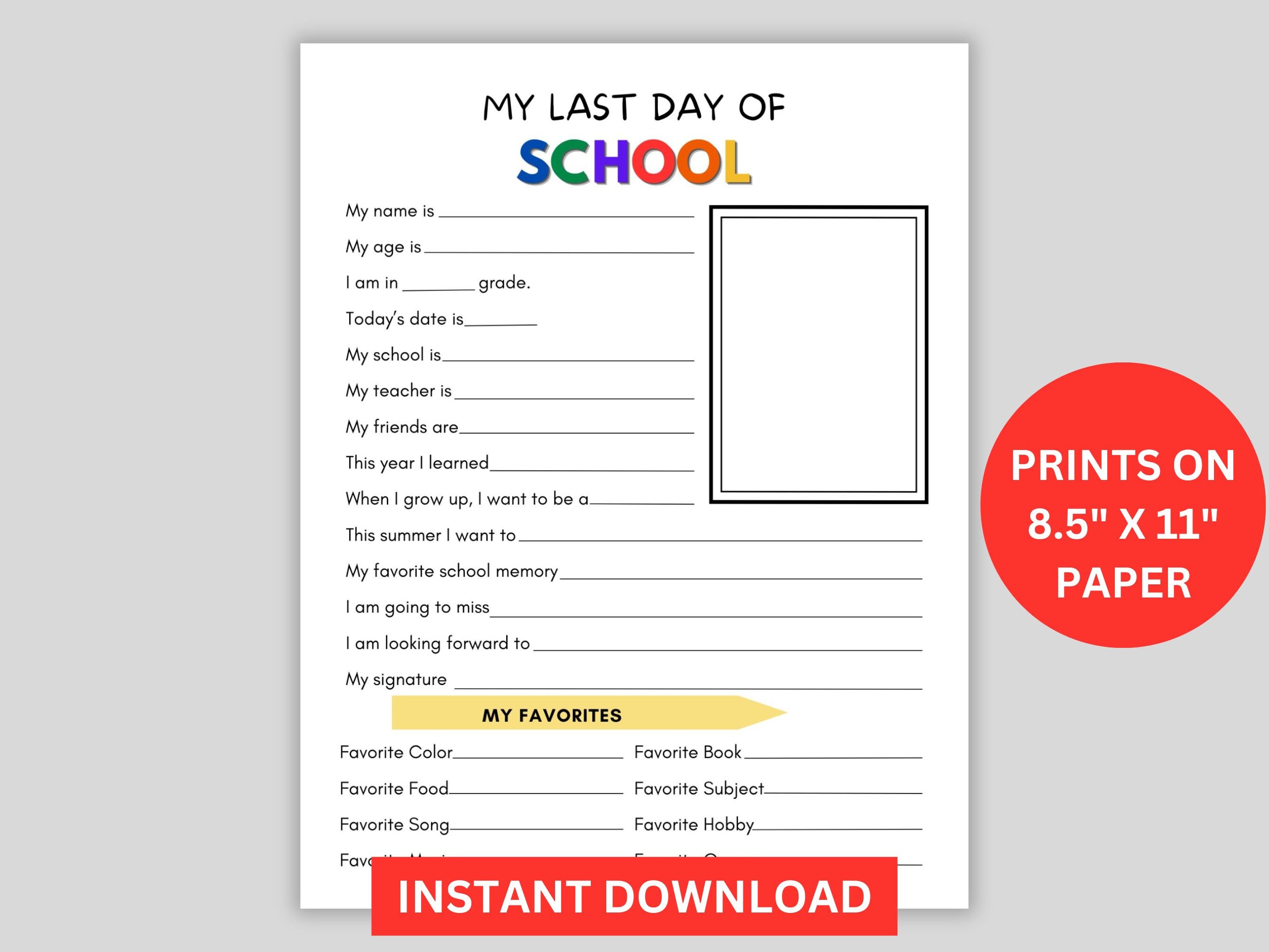 Last Day of School Printable, Last Day of School Questionnaire, School ...