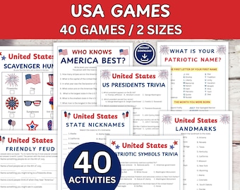United States Game Bundle, USA Party Games for Kids & Adults, America Trivia, Patriotic Activities