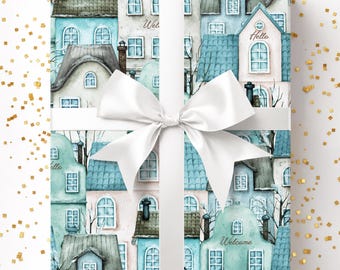 House Warming New House Gift Wrap, New Home Wrapping Paper, Real Estate Wrapping, New Move Gift Wrap, Blue Present Paper for New Neighbor