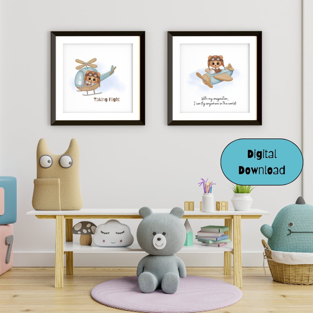 Adorable Baby Boy Wall Art Prints Bear in Airplane and Etsy Canada
