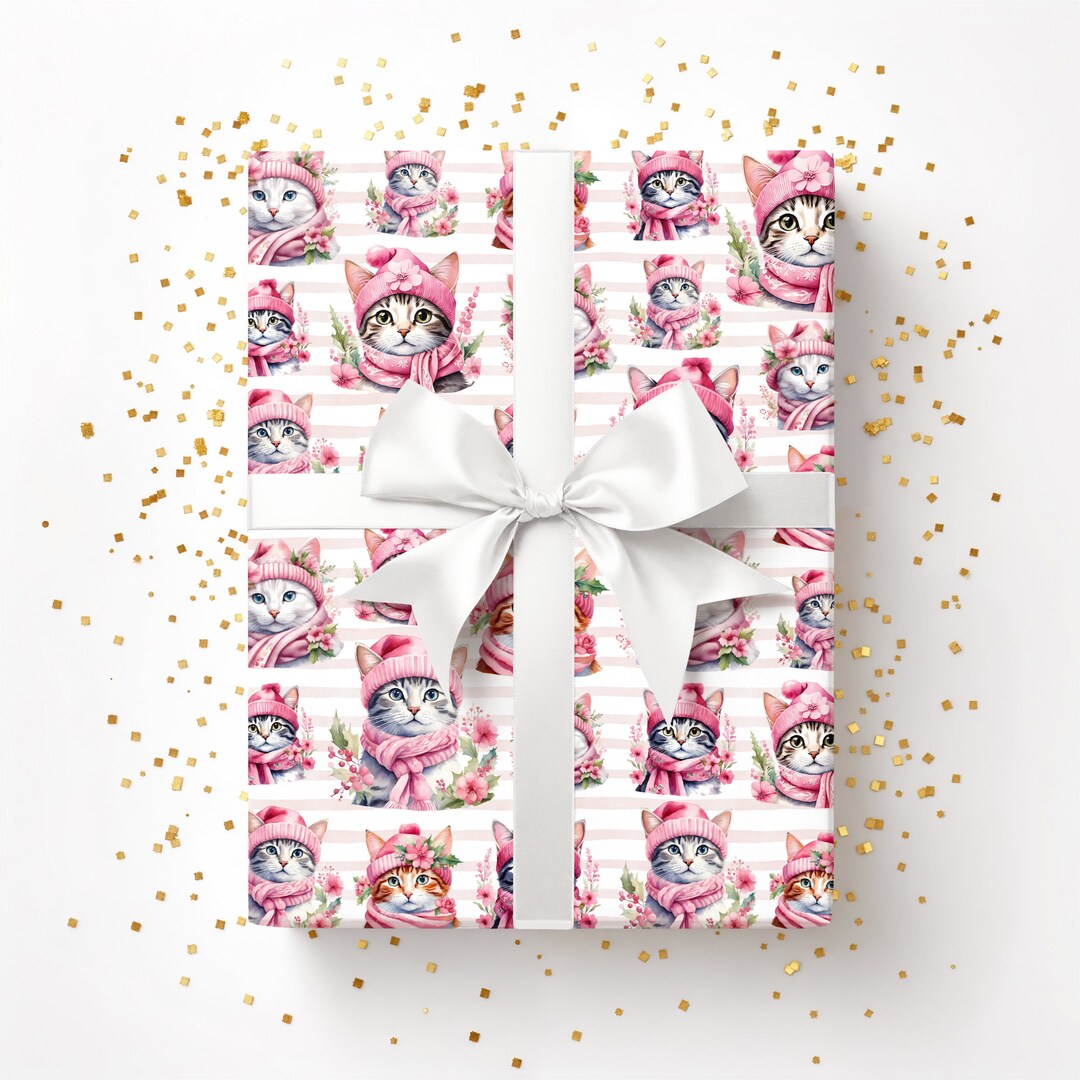 Cute Cat Gift Wrap, Christmas Feline Wrapping Paper, Pink Kitty Present ...