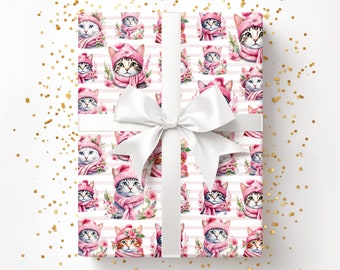 Winter Cat Gift Wrap, Christmas Feline Wrapping Paper, Pink Scarf Kitty, Festive Hat Kitten