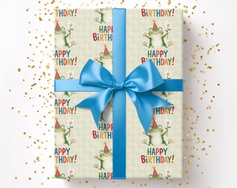 Happy Birthday Frog Gift Wrap for Kids, Watercolor Wrapping Paper for Frog Lovers, Wavy Green Present Paper, Cute Paper for Nature Lover