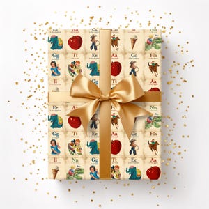 Papel de regalo para profesores, tarjetas con el alfabeto vintage para primaria, papel de regalo retro para profesores, manzanas, trenes y caballos.