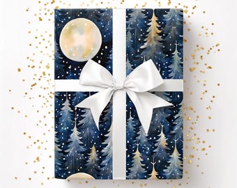Winter Forest Moonlight Gift Wrap, Holiday Spruce Trees