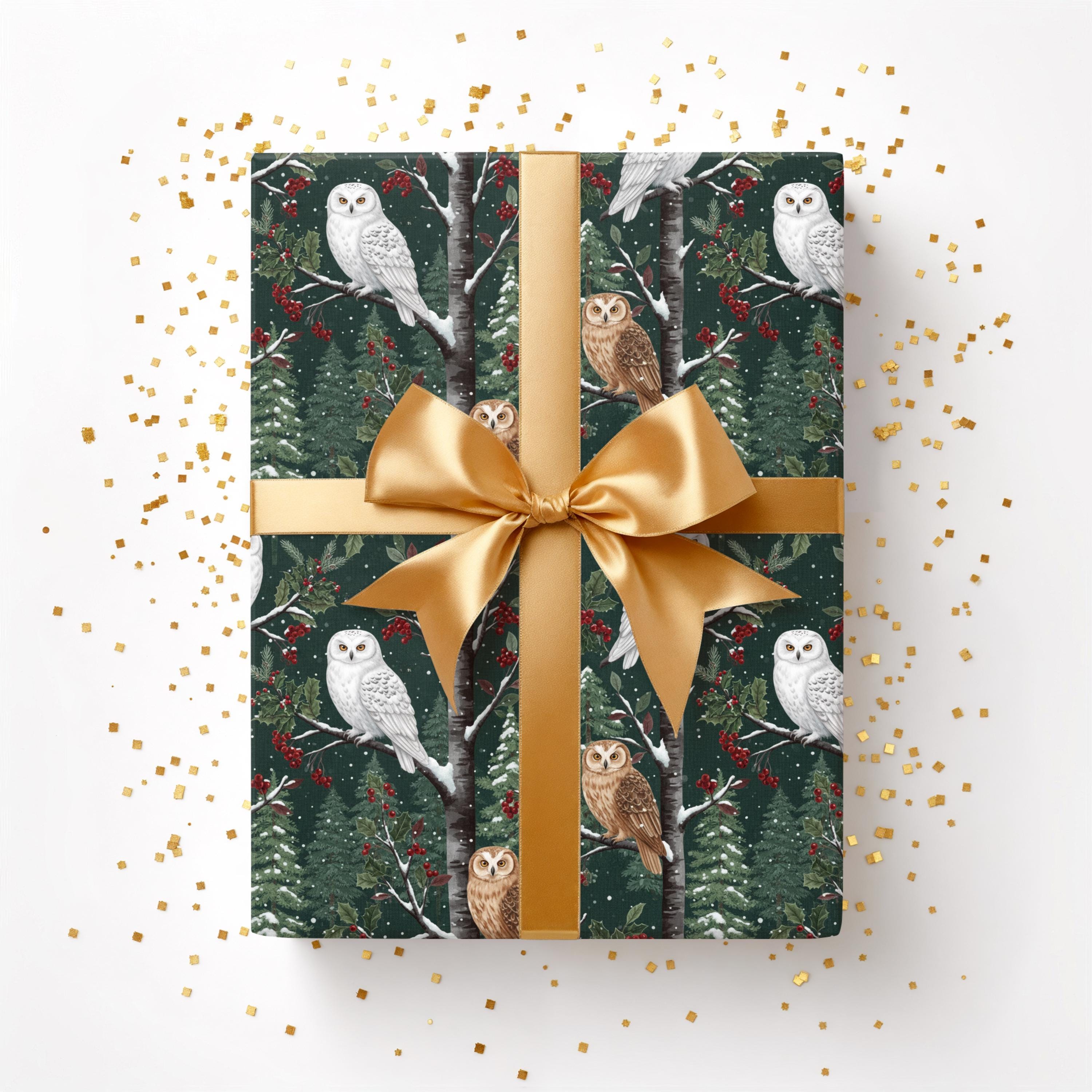 Christmas Owl Gift Wrap, Snowy & Tawny Owl Wrapping Paper, Winter Forest, Birch Pine Trees
