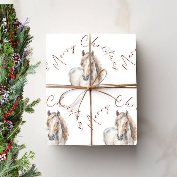 Merry Christmas Horse Wrapping Paper, Elegant Equine Gift Wrap, Festive Watercolor Holiday Animal