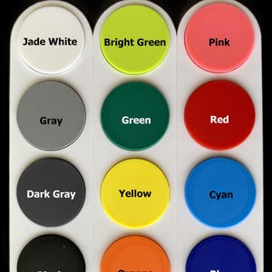 May include: Color selection chart with 12 paint colors: jade white, bright green, pink, gray, green, red, dark gray, yellow, cyan, black, orange, and blue.