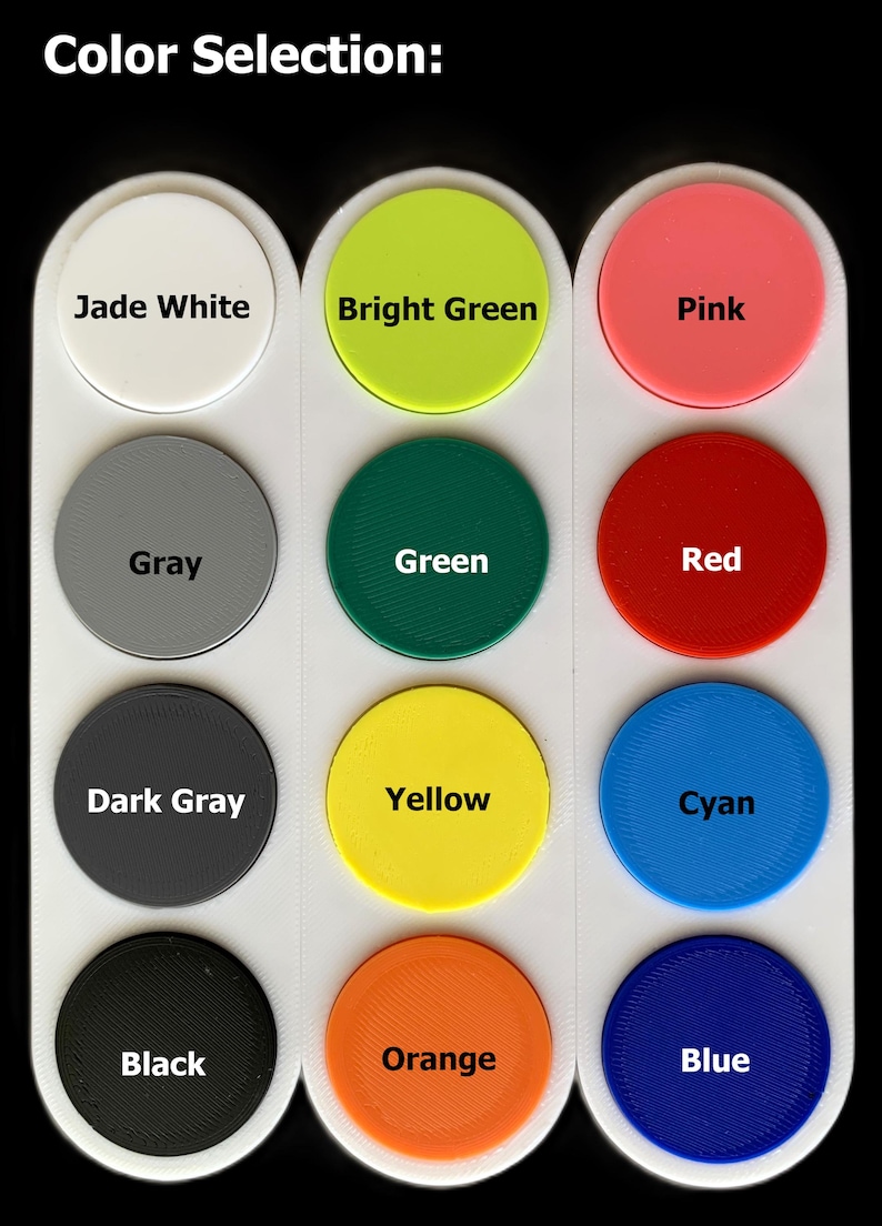 May include: Color selection chart with 12 paint colors: jade white, bright green, pink, gray, green, red, dark gray, yellow, cyan, black, orange, and blue.
