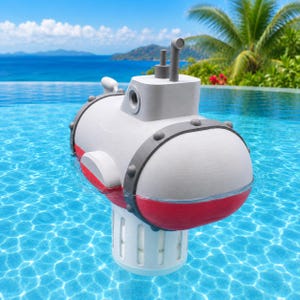 May include: A submarine-shaped pool chlorine dispenser featuring a light gray upper hull and a vibrant red lower section. The design includes a dark gray band with circular rivet details, a periscope, and a white cylindrical chemical basket base.