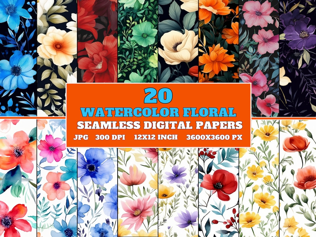 20 Watercolor Flowers Digital Paper Watercolor Flowers Etsy