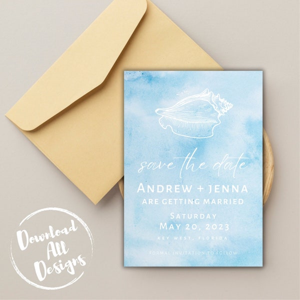 Watercolor Coastal Beach Wedding Save the Date customizable digital download template for Canva