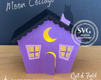 Maison d'Halloween | Lune Cottage SVG modèle coupe fichier pour Cricut ou Silhouette | Village hanté effrayant et mignon | Téléchargement numérique | HV001