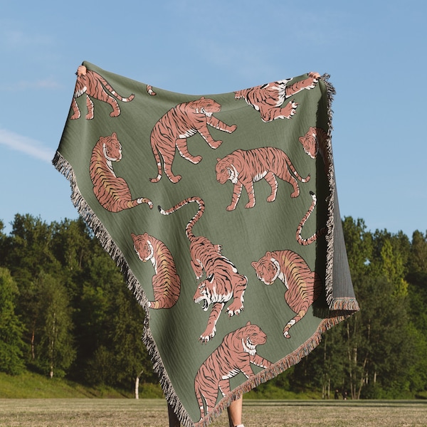 Tigers Tropical Knit Throw Blanket - Boho Decor (Green)