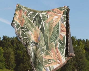 Tropical Leaves Woven Throw Blanket Or Tapestry, Bird Of Paradise Flower