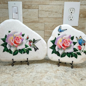 Rose Painted With Hummingbird Or Butterflies on Rock / Stone