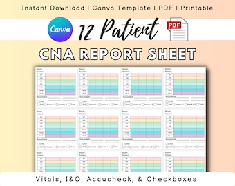 CNA Report Sheet, Canva Template, PCT Report Sheet, CNA Brain, Vital Signs Sheet, Nursing Assistant Report Sheet, 12 Patient Report Sheet