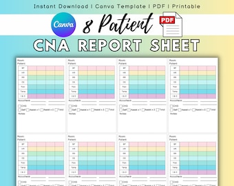 Editable CNA Report Sheet, Patient Care Tech/Nurse Assistant Report Sheet, CNA Brain, Vital Signs Sheet, 8 Patient Report Sheet, PCT