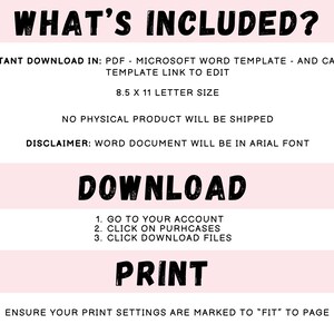 Puede incluir: Un gr&aacute;fico rosa y blanco con el texto "WHAT'S INCLUDED?" en letras negras en negrita. El texto debajo enumera los elementos incluidos en la descarga digital: PDF, plantilla de Microsoft Word y enlace a la plantilla de Canva para editar. El gr&aacute;fico tambi&eacute;n incluye el texto "8.5 x 11 Letter Size", "NO PHYSICAL PRODUCT WILL BE SHIPPED" y "DISCLAIMER: WORD DOCUMENT WILL BE IN ARIAL FONT". El gr&aacute;fico tambi&eacute;n incluye instrucciones para descargar e imprimir los archivos digitales.