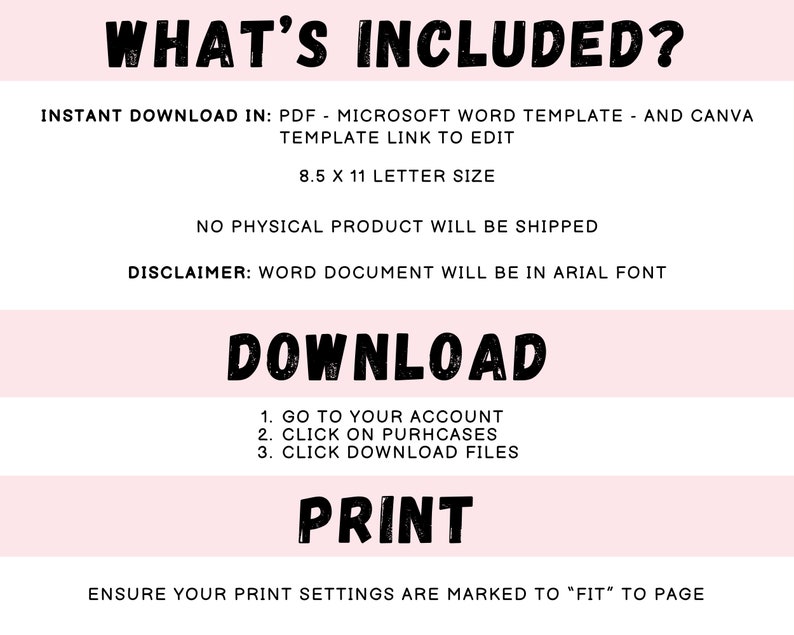 Puede incluir: Un gr&aacute;fico rosa y blanco con el texto "WHAT'S INCLUDED?" en letras negras en negrita. El texto debajo enumera los elementos incluidos en la descarga digital: PDF, plantilla de Microsoft Word y enlace a la plantilla de Canva para editar. El gr&aacute;fico tambi&eacute;n incluye el texto "8.5 x 11 Letter Size", "NO PHYSICAL PRODUCT WILL BE SHIPPED" y "DISCLAIMER: WORD DOCUMENT WILL BE IN ARIAL FONT". El gr&aacute;fico tambi&eacute;n incluye instrucciones para descargar e imprimir los archivos digitales.