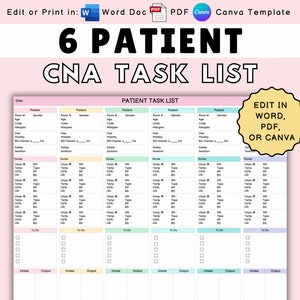 6 Patient CNA Task List: Vital Signs Log & Shift Planner (PDF, Word, Canva)