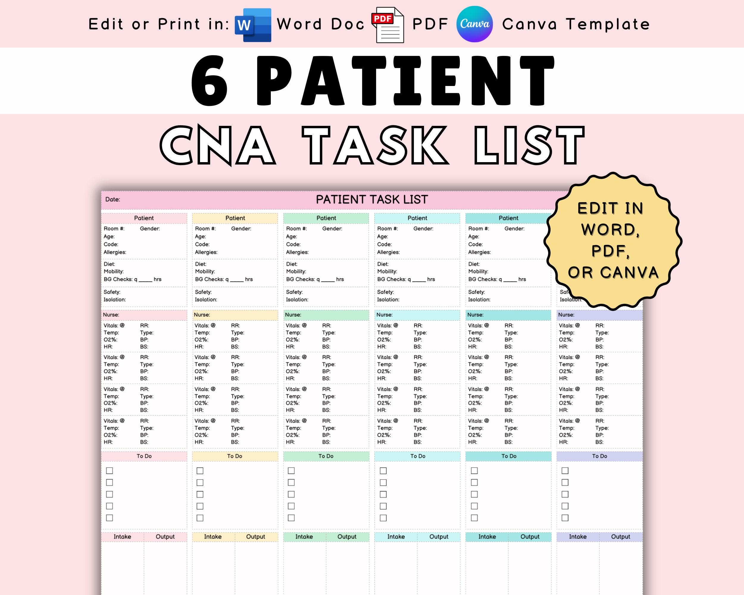 CNA Task List, Vital Signs Log w/ I&O, CNA Report Sheet 6 Patients, Patient Care Tech, CNA Shift Planner