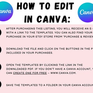 Op de afbeelding: Een roze achtergrond met vier genummerde stappen over hoe je sjablonen in Canva bewerkt. De stappen zijn: 1. Nadat je deze aanbieding hebt gekocht, ontvang je een e-mail met een link naar de sjablonen. Je kunt je aankoop ook vinden in je Etsy-winkel onder 'Aankoop en beoordelingen'. 2. Download het bestand en klik op de knoppen in de PDF die bij je aankopen is inbegrepen. 3. Open de sjablonen door op de link in de gedownloade PDF te klikken. Als je geen Canva-account hebt, kun je er gratis een aanmaken - www.canva.com. 4. Sla de sjablonen op in een map in je Canva-account.
