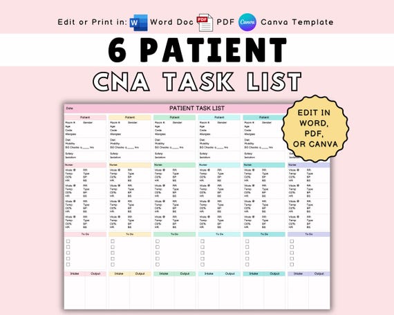 6 Patient CNA Task List: Vital Signs Log & Shift Planner (PDF, Word, Canva)