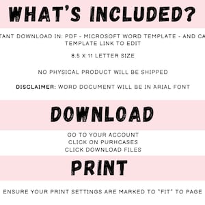 Op de afbeelding: Een roze en witte afbeelding met de tekst "WHAT'S INCLUDED?" en instructies voor het downloaden en afdrukken van een digitale sjabloon. De sjabloon is beschikbaar in de formaten PDF, Microsoft Word en Canva. De sjabloon is 8,5 x 11 inch.