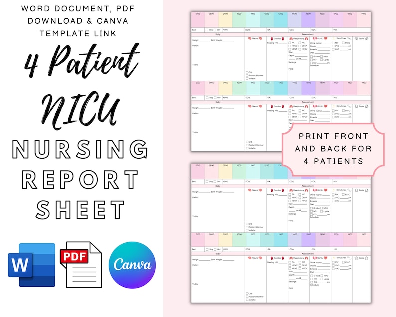 Editable NICU Nurse Report Sheet: Day & Night Shift (word, PDF, Canva ...