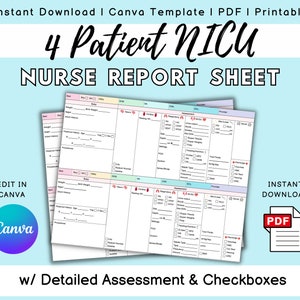 NICU Report Sheet, Neonatal Handoff, Canva Nursing Report, Baby Nurse Brain, Day and Night Shift ICU Brainsheet, Editable, Printable