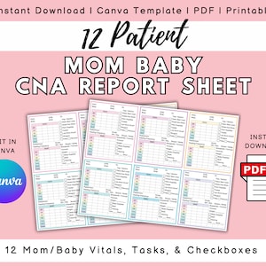 Peut inclure: Feuille de rapport CNA imprimable pour 12 patients, avec des sections pour les signes vitaux de la mère et du bébé, les tâches et les cases à cocher. La feuille est conçue dans un schéma de couleurs pastel avec des accents rose, bleu et jaune. Le texte "12 Patient Mom Baby CNA Report Sheet" est affiché en haut de la feuille.