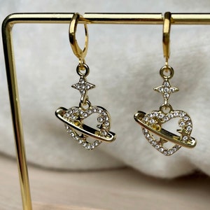 Heart Sparkle Earrings - Heart Planet Earrings - Cute Earrings - Huggie Drop Earring