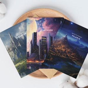 Op de afbeelding: Drie fantasy-romancovers met illustraties van verschillende steden. De eerste cover toont een kasteel met een blauwe en groene achtergrond en de tekst "Home of the Stag Terrasen". De tweede cover toont een stad met een halve maan en de tekst "Crescent City Lunathion". De derde cover toont een stad met een sterrenhemel en de tekst "The City of Starlight Velaris".