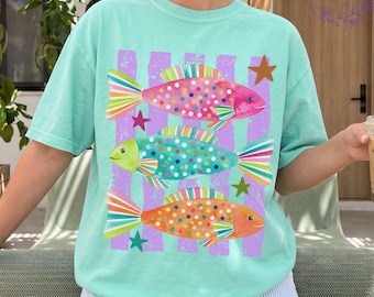 Comfort Colors Preppy Fish Shirt, Summer Boho Tee, Coastal Beach T-shirt, Tropical Bright Color Fish Tshirt, Retro Graphic Ocean Life Tee